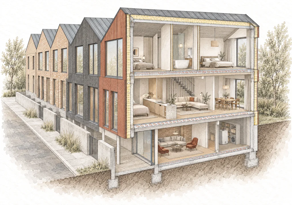 Cutaway of the C row from the street: a lounge in the basement, kitchen, living and dining on floor 1, bedrooms and a bathroom on floor 2; the layers of walls, floors, roof and foundations